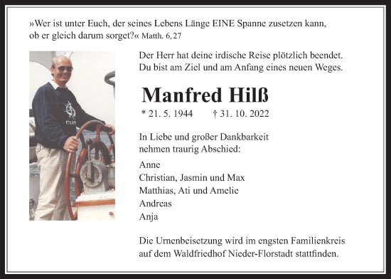 Traueranzeige von Manfred Hilß von Wetterauer Zeitung