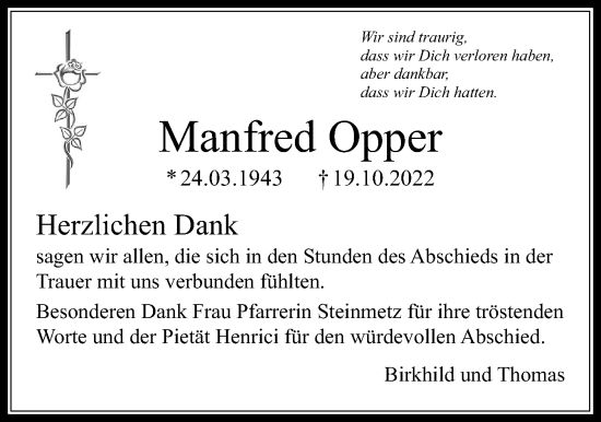 Traueranzeige von Manfred Opper von Usinger Anzeiger
