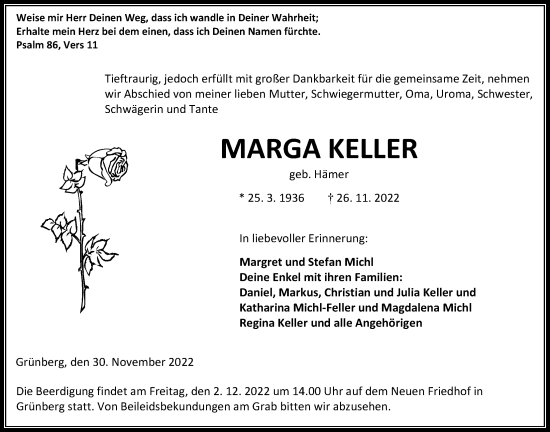 Traueranzeige von Marga Keller von Giessener Allgemeine, Alsfelder Allgemeine