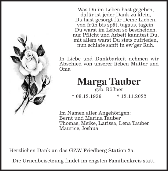 Traueranzeige von Marga Tauber von Wetterauer Zeitung