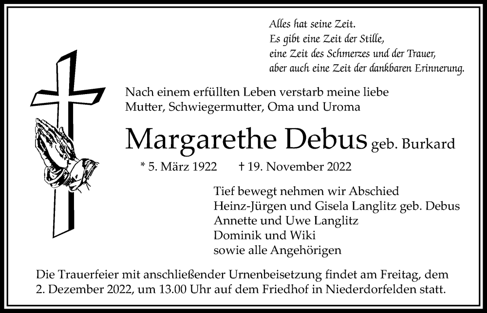  Traueranzeige für Margarethe Debus vom 24.11.2022 aus Bad Vilbel/Karben