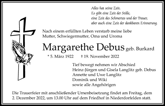 Traueranzeige von Margarethe Debus von Bad Vilbel/Karben