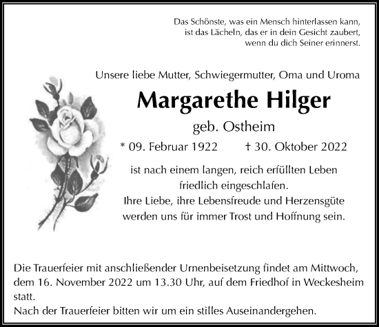 Traueranzeige von Margarethe Hilger von Wetterauer Zeitung