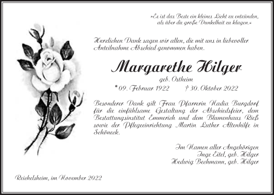 Traueranzeige von Margarethe Hilger von Wetterauer Zeitung