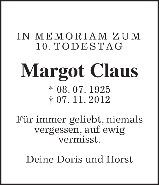Traueranzeige von Margot Claus von Wetterauer Zeitung