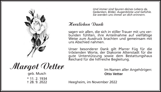Traueranzeige von Margot Vetter von Kreis-Anzeiger