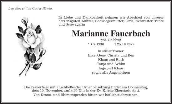 Traueranzeige von Marianne Fauerbach von Licher Wochenblatt