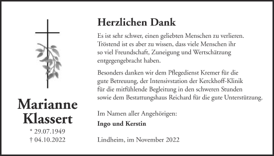 Traueranzeige von Marianne Klassert von Kreis-Anzeiger