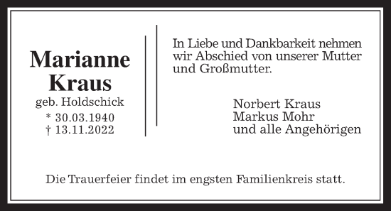 Traueranzeige von Marianne Kraus von Wetterauer Zeitung