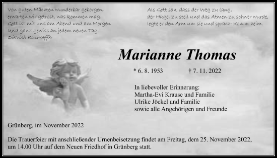 Traueranzeige von Marianne Thomas von Giessener Allgemeine, Alsfelder Allgemeine