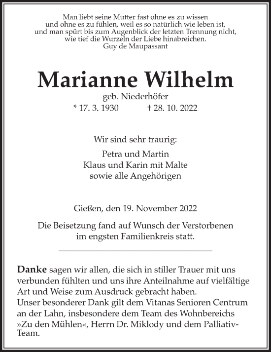 Traueranzeige von Marianne Wilhelm von Giessener Anzeiger, Giessener Allgemeine, Alsfelder Allgemeine
