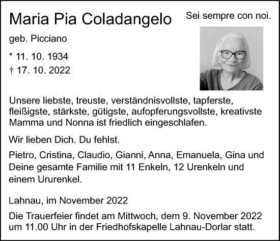 Traueranzeige von Maria Pia Coladangelo von Giessener Allgemeine, Alsfelder Allgemeine, Giessener Anzeiger