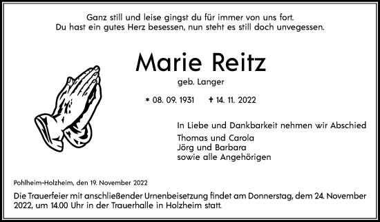Traueranzeige von Marie Reitz von Giessener Allgemeine, Alsfelder Allgemeine