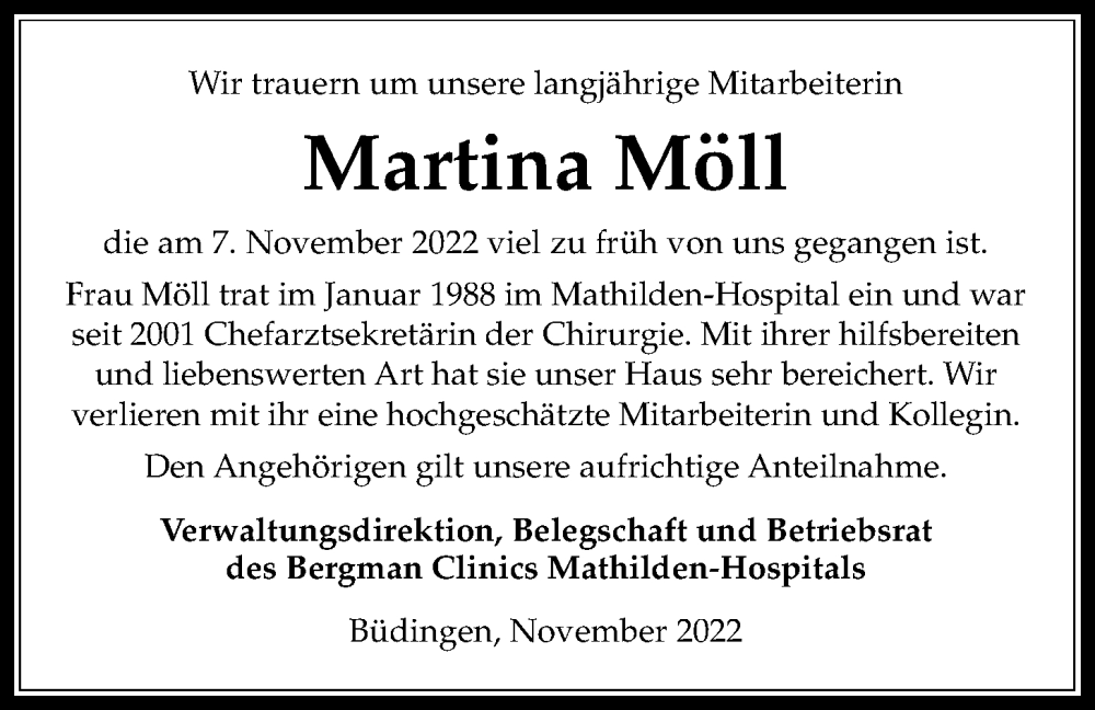  Traueranzeige für Martina Möll vom 26.11.2022 aus Kreis-Anzeiger