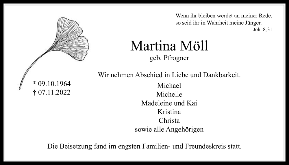  Traueranzeige für Martina Möll vom 19.11.2022 aus Kreis-Anzeiger