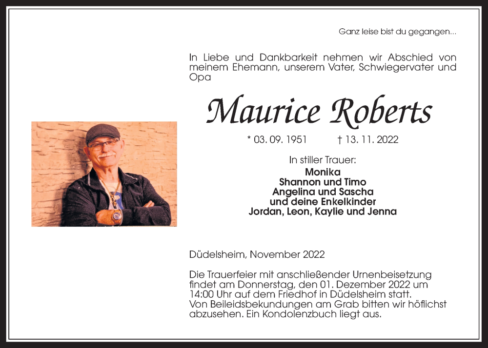  Traueranzeige für Maurice Roberts vom 26.11.2022 aus Kreis-Anzeiger