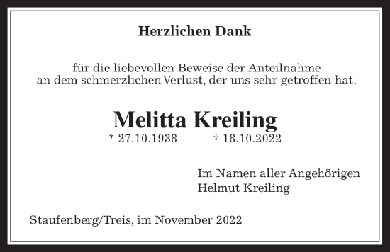Traueranzeige von Melitta Kreiling von Giessener Anzeiger