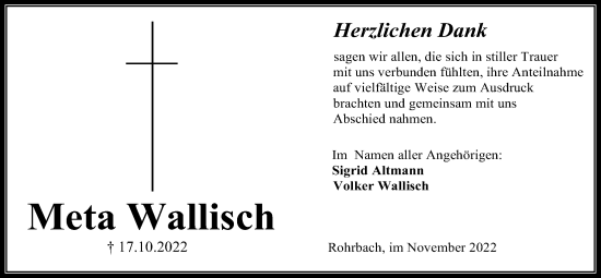 Traueranzeige von Meta Wallisch von Kreis-Anzeiger