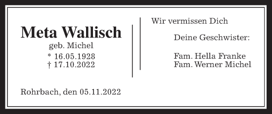 Traueranzeige von Meta Wallisch von Kreis-Anzeiger