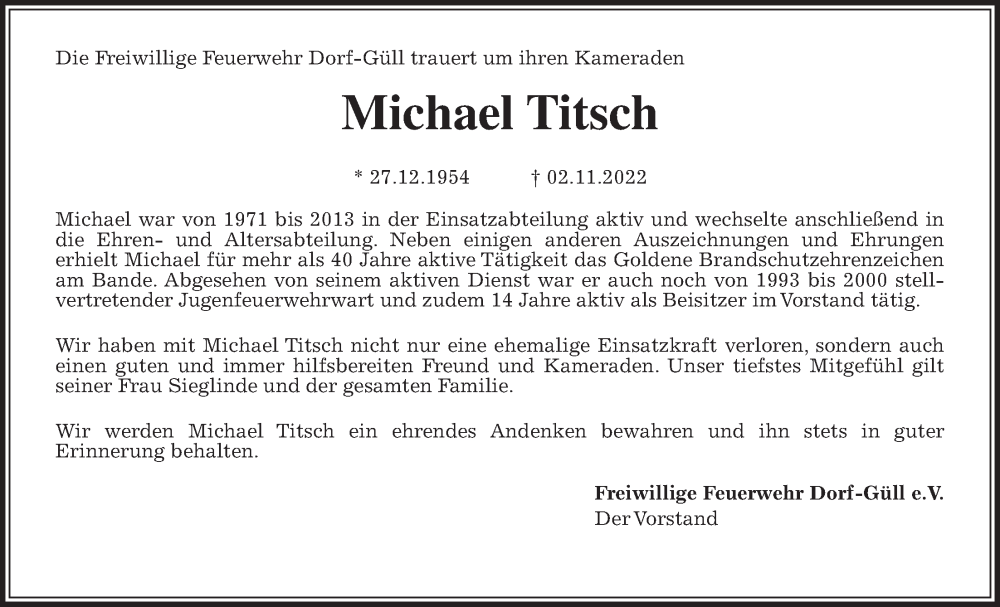  Traueranzeige für Michael Titsch vom 24.11.2022 aus Pohlheimer Nachrichten