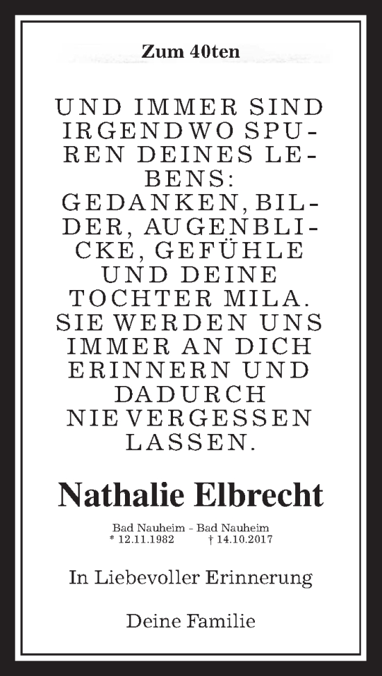 Traueranzeige von Nathalie Elbrecht von Wetterauer Zeitung
