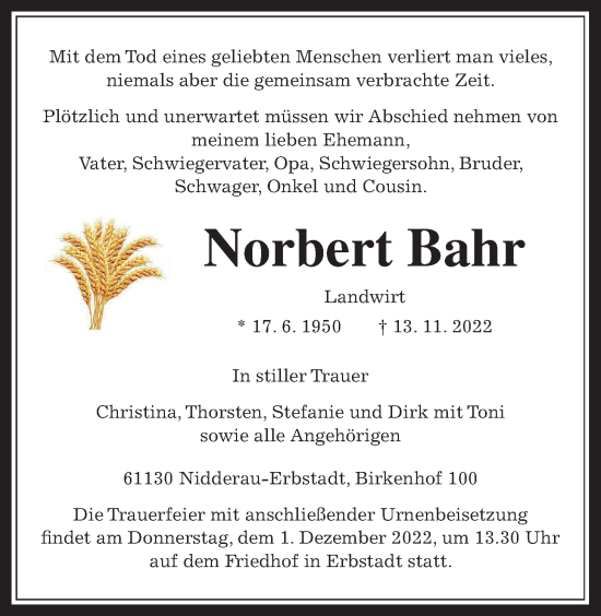 Traueranzeige von Norbert Bahr von Wetterauer Zeitung