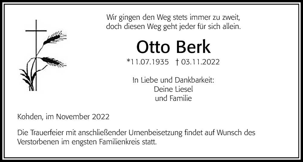  Traueranzeige für Otto Berk vom 12.11.2022 aus Kreis-Anzeiger