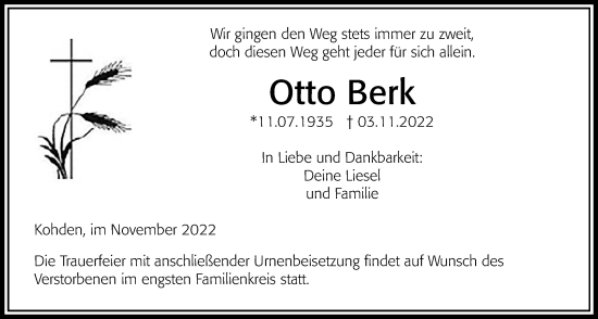 Traueranzeige von Otto Berk von Kreis-Anzeiger
