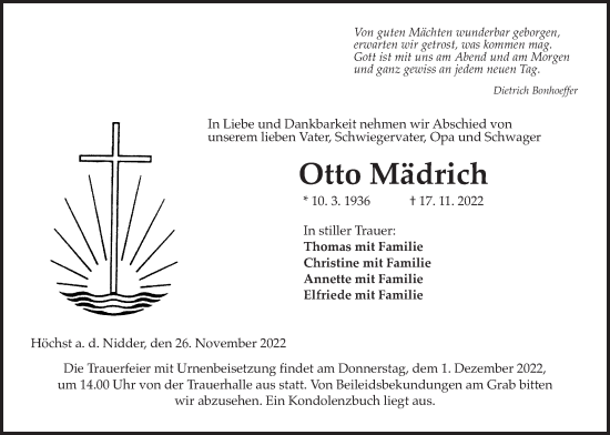 Traueranzeige von Otto Mädrich von Kreis-Anzeiger