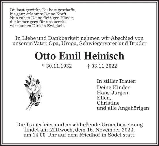 Traueranzeige von Otto Emil Heinisch von Wetterauer Zeitung