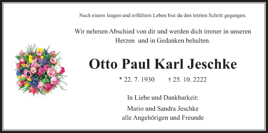 Traueranzeige von Otto Paul Karl Jeschke 