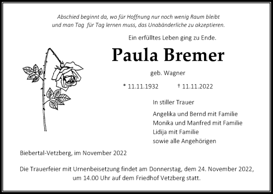 Traueranzeige von Paula Bremer von Giessener Allgemeine, Alsfelder Allgemeine