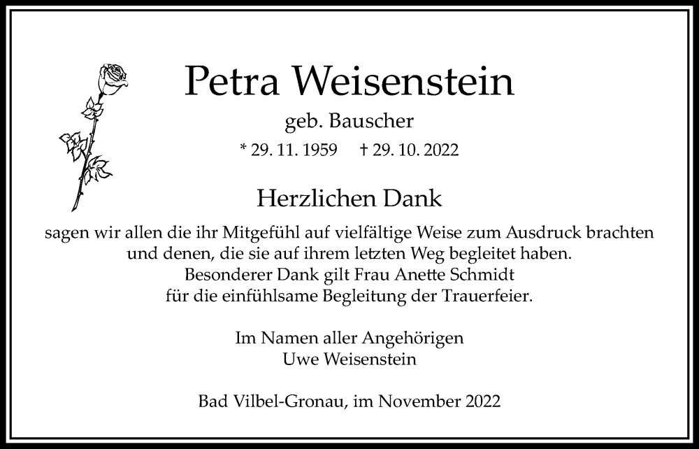 Traueranzeige für Petra Weisenstein vom 24.11.2022 aus Bad Vilbel/Karben
