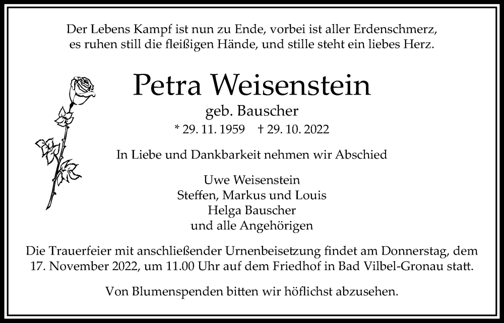  Traueranzeige für Petra Weisenstein vom 03.11.2022 aus Bad Vilbel/Karben