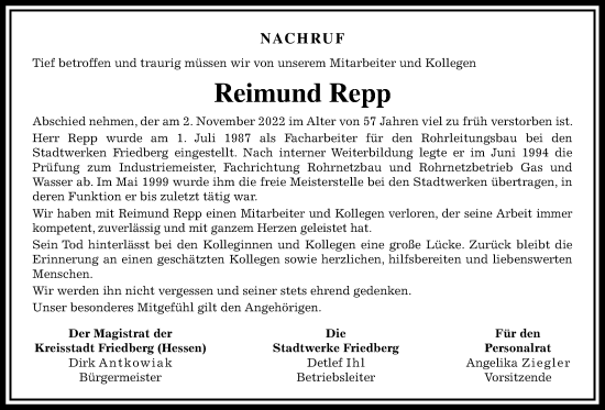 Traueranzeige von Reimund Repp von Wetterauer Zeitung