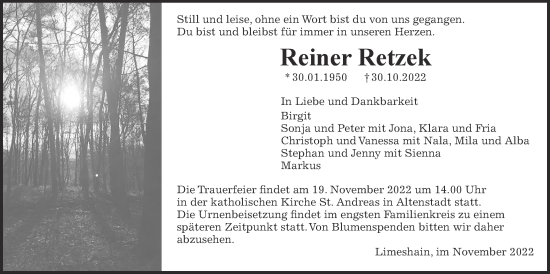 Traueranzeige von Reiner Retzek von Kreis-Anzeiger