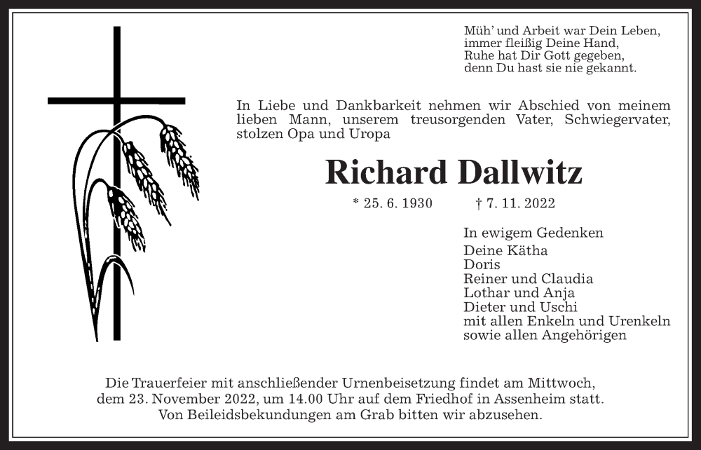  Traueranzeige für Richard Dallwitz vom 12.11.2022 aus Wetterauer Zeitung