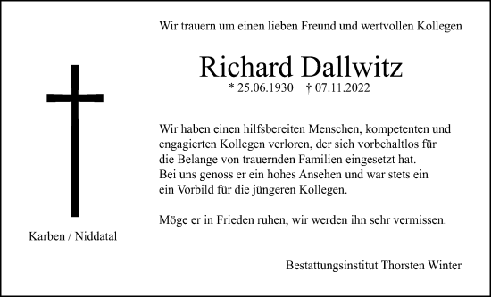 Traueranzeige von Richard Dallwitz von Wetterauer Zeitung