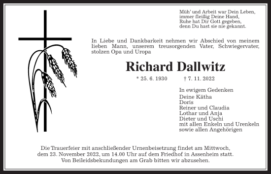 Traueranzeige von Richard Dallwitz von Wetterauer Zeitung