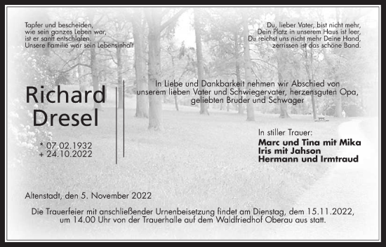 Traueranzeige von Richard Dresel von Kreis-Anzeiger