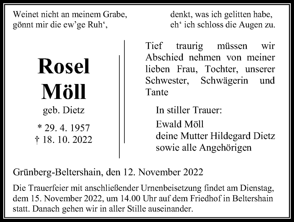  Traueranzeige für Rosel Möll vom 12.11.2022 aus Giessener Allgemeine, Alsfelder Allgemeine