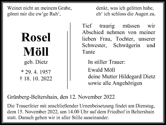 Traueranzeige von Rosel Möll von Giessener Allgemeine, Alsfelder Allgemeine