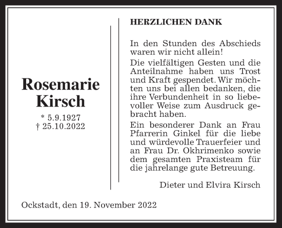 Traueranzeige von Rosemarie Kirsch von Wetterauer Zeitung