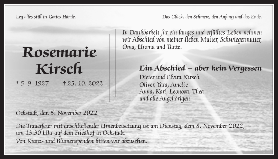 Traueranzeige von Rosemarie Kirsch von Wetterauer Zeitung