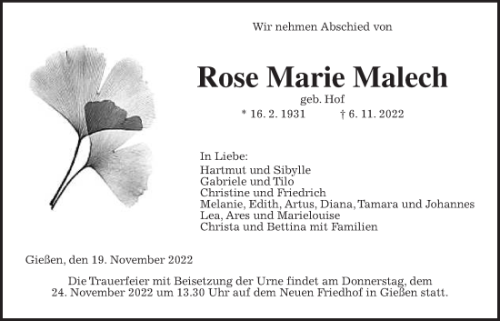 Traueranzeige von Rose Marie Malech von Giessener Anzeiger, Giessener Allgemeine, Alsfelder Allgemeine