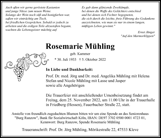 Traueranzeige von Rosemarie Mühling von Wetterauer Zeitung, Giessener Allgemeine, Alsfelder Allgemeine