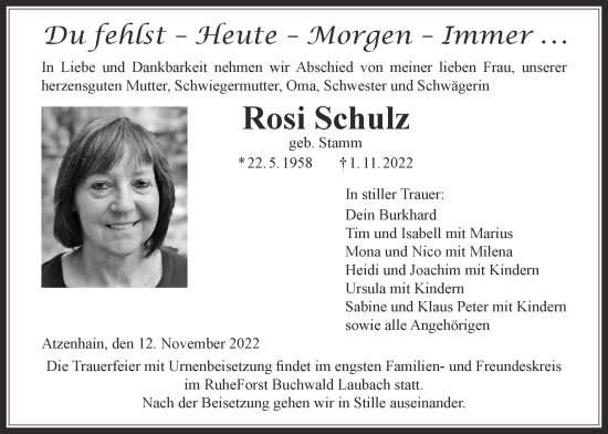 Traueranzeige von Rosi Schulz von Giessener Allgemeine, Alsfelder Allgemeine