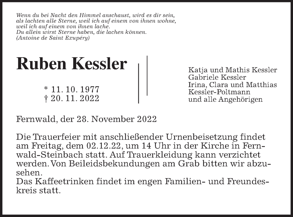  Traueranzeige für Ruben Kessler vom 28.11.2022 aus Giessener Allgemeine, Alsfelder Allgemeine