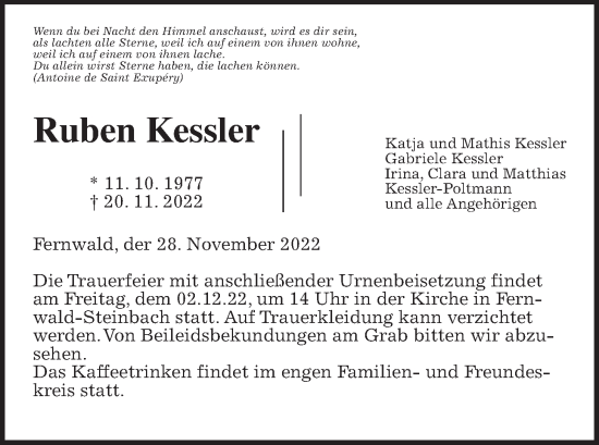 Traueranzeige von Ruben Kessler von Giessener Allgemeine, Alsfelder Allgemeine