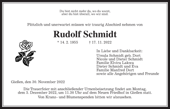 Traueranzeige von Rudolf Schmidt von Giessener Anzeiger, Giessener Allgemeine, Alsfelder Allgemeine